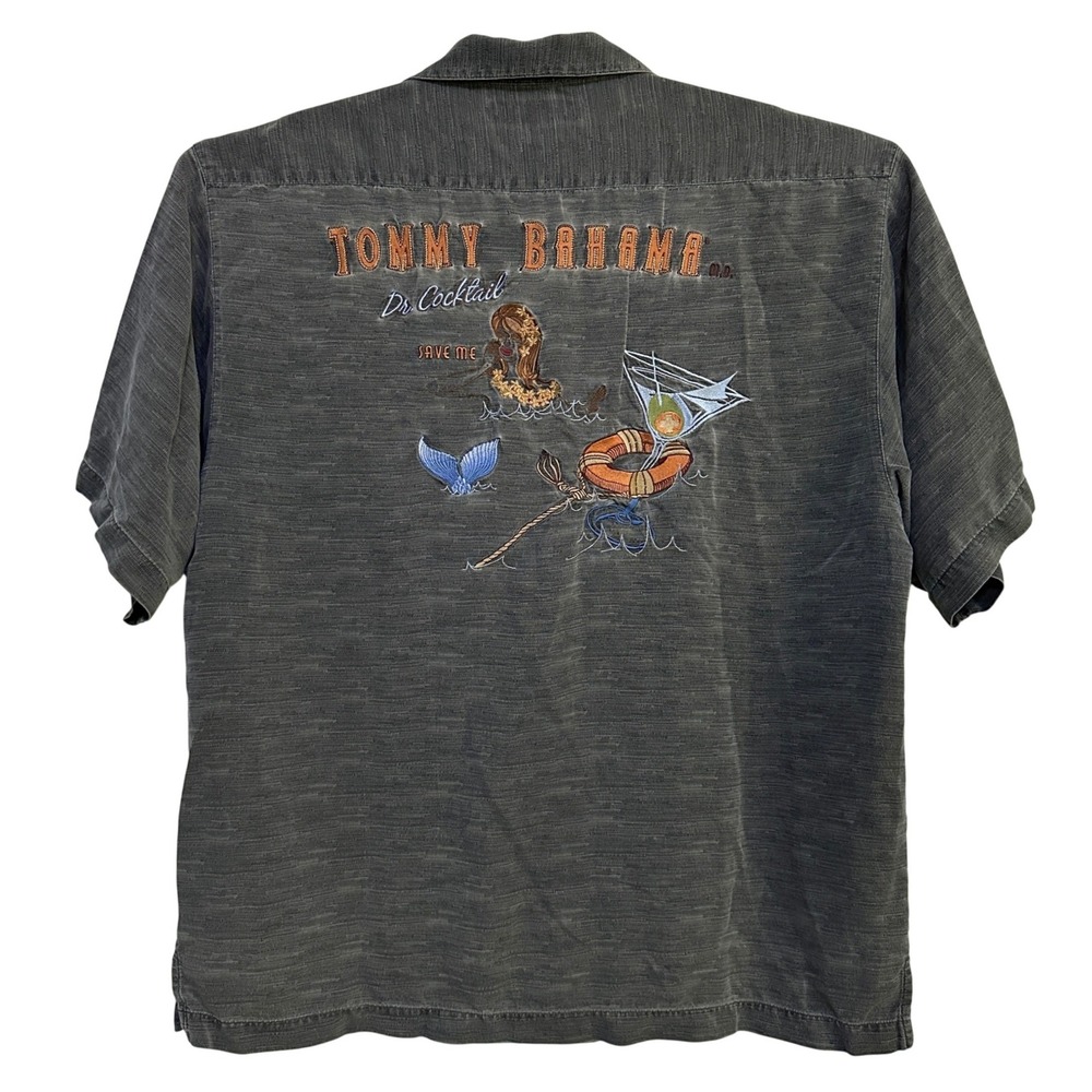 Tommy Bahama Silk Camp Shirt L Grey Dr Cocktail Save Me Mermaid Embroidered